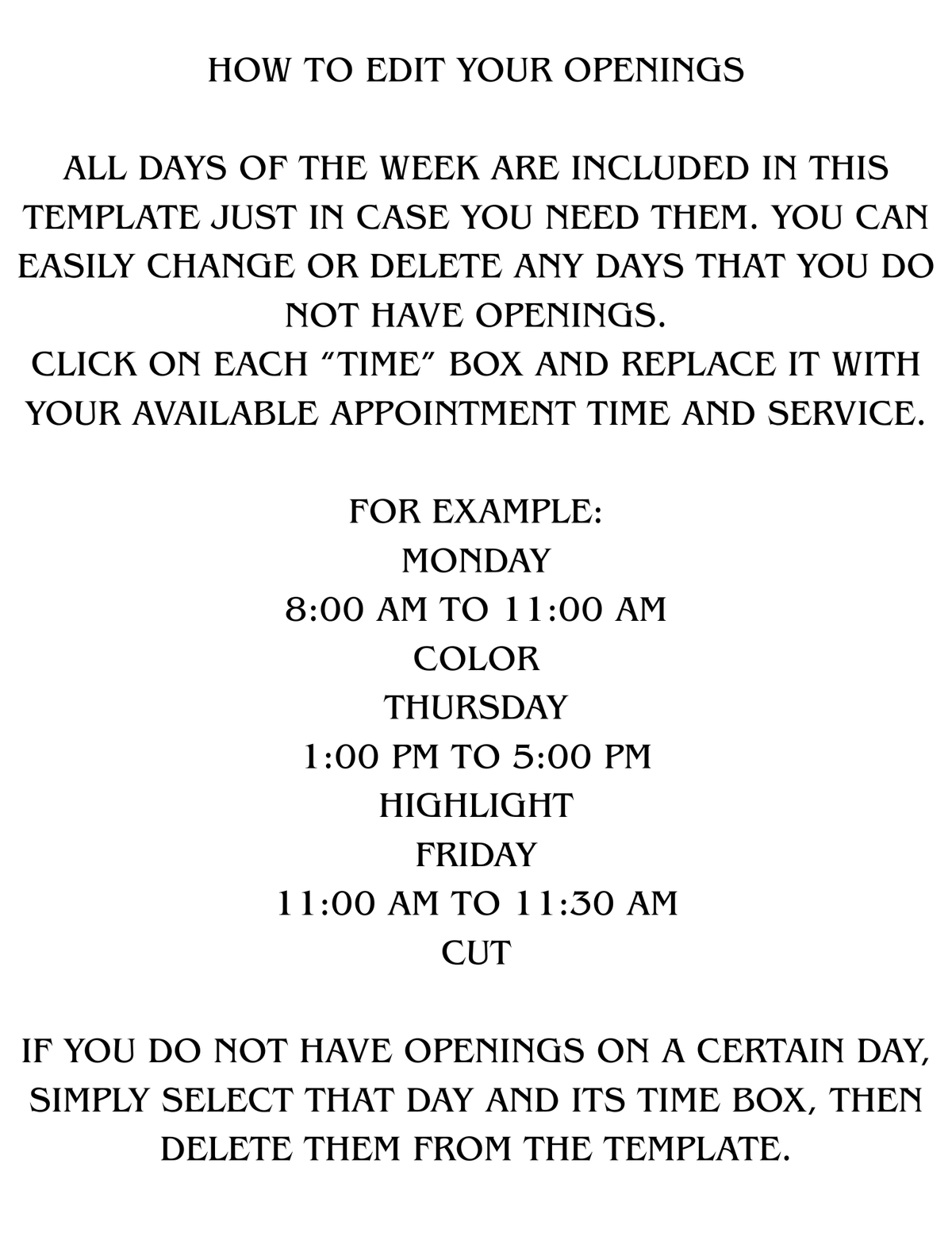 Editable Salon Openings Canva Template | Weekly Hair Appointment Availability Flyer