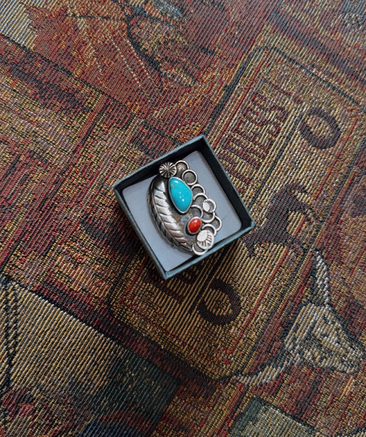 vintage turquoise & coral feather ring (size 6.5)