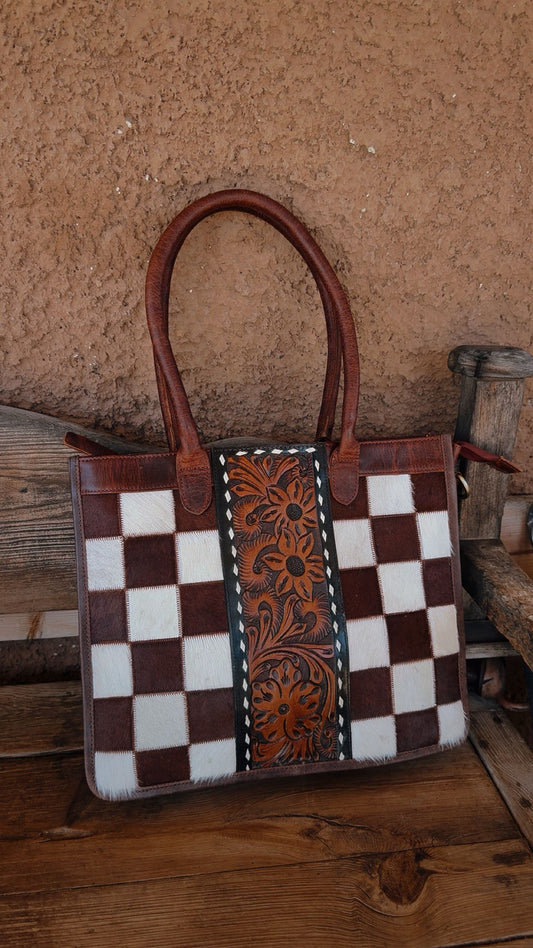 Wynonna Cowhide Checkered Tote Handbag