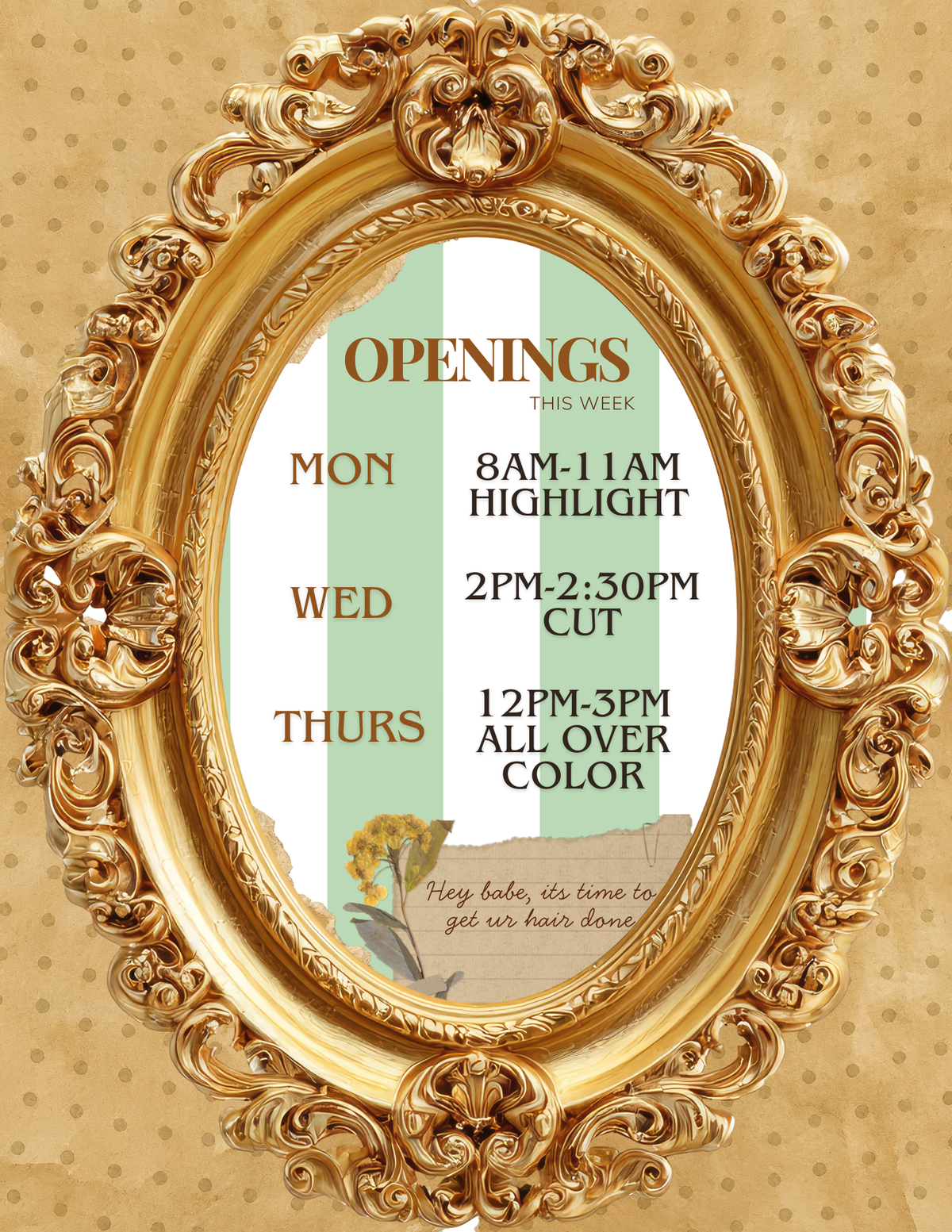 Editable Salon Openings Canva Template | Weekly Hair Appointment Availability Flyer