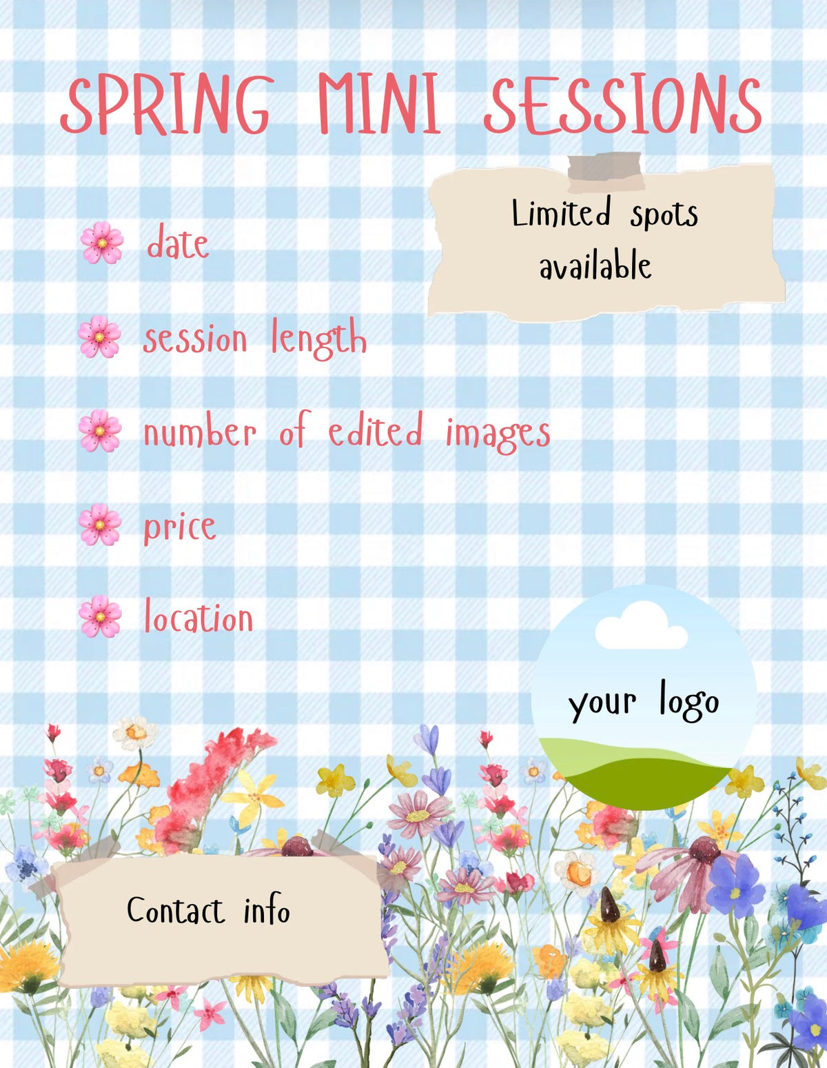 Editable Spring Mini Sessions Photography Flyer Canva Template